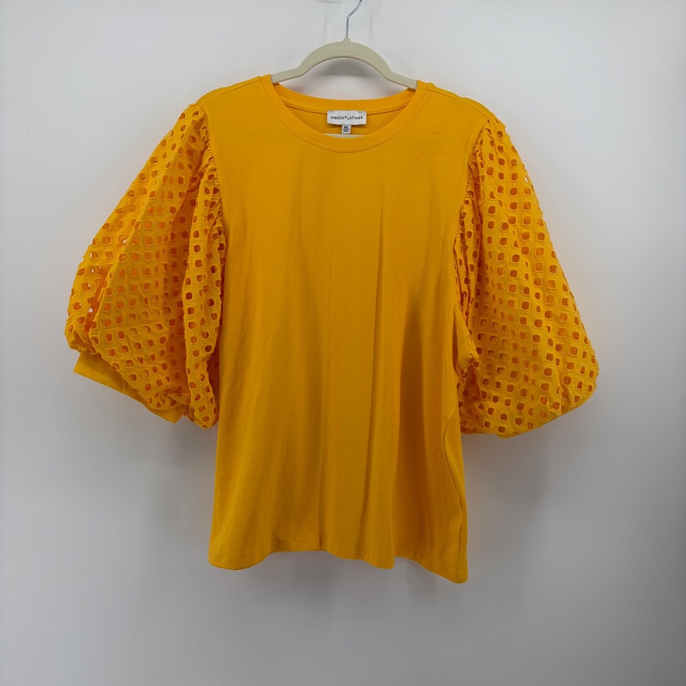 Gibson Latimer Womens XXL Yellow Top Eyelet Puff Sleeve Cotton Blend Knit